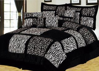 7Pcs King Safari Black and White Patchwork Micro Suede Comforter Set