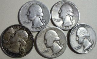   Washington Silver Quarters 5 Coins 1944s 1946 194​8 1959d 1964