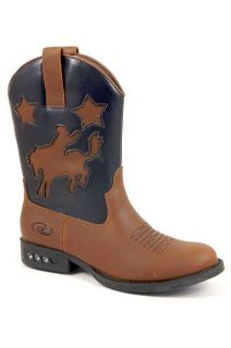 Kids Faux Leather Light up Western Cowboy Boots in Tan and Navy