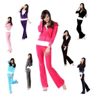   LADIES VELOUR TRACKSUIT HOODED ZIP TOP JACKET WITH TROUSERS 8 Colour