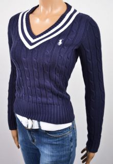 Ralph Lauren NAVY BLUE WHITE CABLE KNIT CRICKET V NECK SWEATER NWT M