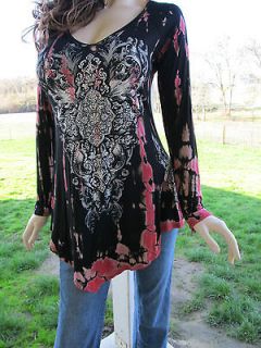 Vocal Tie Dye A Line Scrolls Crystals Stones Tunic Shirt Western Bling 