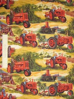   Harvester Tractor Red Farm Scene   VIP Cranston Cotton Fabric YARD