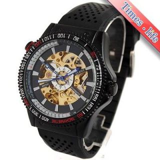 Black Army Sport Automatic Gold Skeleton Mens Military Winder Watch 