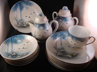   JAPANESE WHITE CRANE HAND PAINTED TEA CUP CREAMER PLATE SET OLD MARK