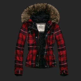 200 *NWT ABERCROMBIE CHELSEA RED Plaid Fur Hooded Wool Jacket Coat XS 