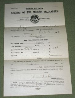 Knights of the Modern Maccabees, Notice of Dues, Dorman Tent, No. 457 