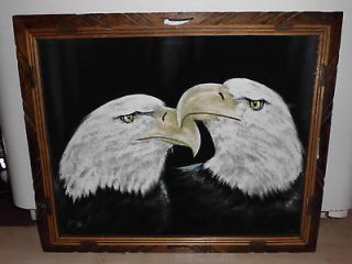   Framed Velvet Painting Two Bald Eagles Signed By Spanish Artist Ortiz