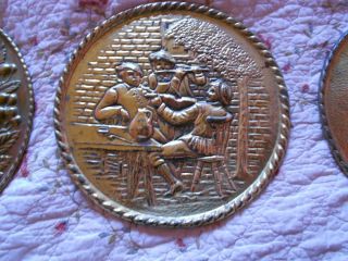 vtg 10.5 brass charger/wall plaque/England,flute,fiddle,men at tavern 