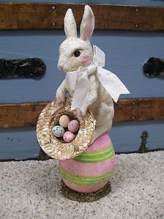 NWT RAZ 11.75 Easter Bunny Rabbit on PINK Egg Basket Hat Figurine 