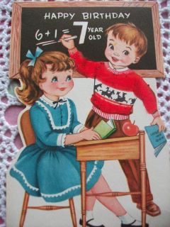 Vintage Greeting Card Happy Birthday 7 Year Old Boy Girl School Desk