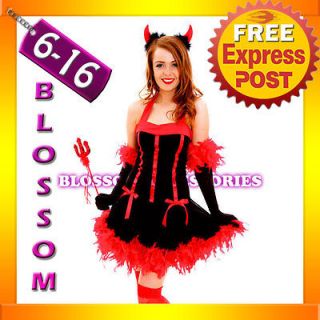 G54 Devil Red Ladies Vixen Fancy Dress Halloween Costume Outfit Horns 