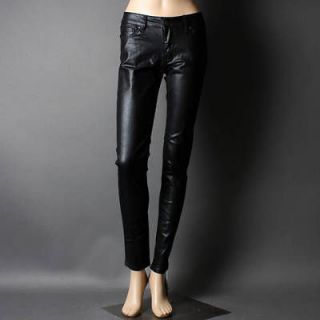 Black Metallic Shiny Wet Look Skinny Jean Straight Leg Denim Long 