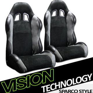  & Leather Black & Grey Racing Seats+Sliders Pair 16 (Fits Dodge