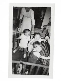 Vintage Snapshot Photo Little Baby Boy & Girl in 1950s Playpen 