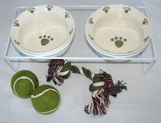 6PC DOG or CAT WHITE+GREEN PAW FOOD+WATER BOWL+METAL STAND+2 BALLS 