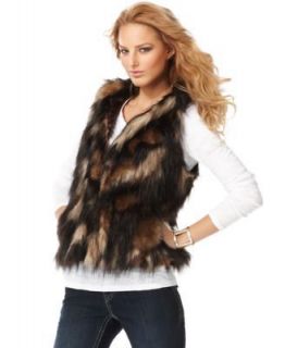 INC NEW Brown Multi Faux Fur Hooded Sleeveless Hinge Closure Outerwear 