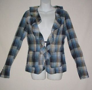FREE PEOPLE Lt weight Cotton Jacket Top RUFFLE front Blue Check sz 4 6 