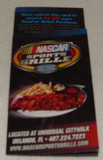 NASCAR CAFE SPORTS GRILLE $5 OFF DISCOUNT CARDS UNIVERSAL CITYWALK 