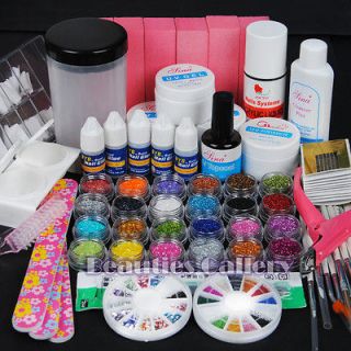   UV GEL NAIL KIT + 24 Powders 5 Glues FILE BLOCKS Tips kits clipper 215