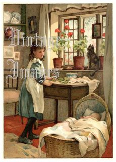 Girl Baby Kids Kitchen Cradle Dutton 107 Vintage Victorian Image Print 