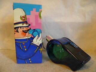 NEW IN BOX BLUE GLASS DECANTER IN SHAPE OF POLICE WHISTLE 