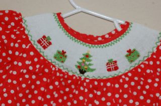 NEW Little Girls Christmas Smocked Dress NWT Red Polka Dot w Tree 
