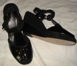 VAN ELI Black Leather Suede T Strap Wedge Platform Shoe sz 10 M