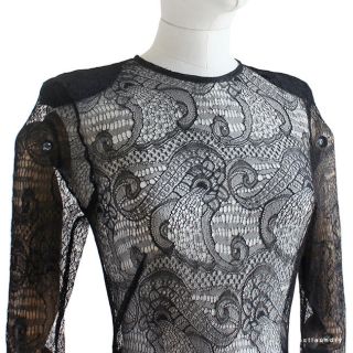 Elie Saab Runway Collection Black Sheer Lace Long Sleeved Bodysuit 