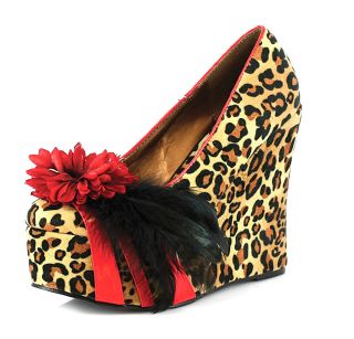 Ellie Shoes   4.5 Leopard Feather Accent Flower Wedge Heels Shoes 