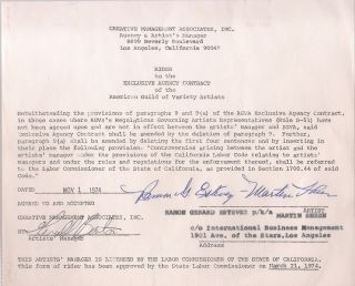 Ramon Estevez   MARTIN SHEEN  Autograph Signed Agency Contract 1974