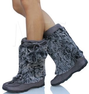 Womens Mukluk Fur Suede Mocassin Flat Boots Charcoal Grey Soda Sku