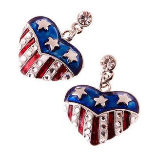   American Flag Crystal Rhinestone Heart Charm Dangle Earrings Silver