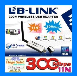 300Mbps USB Wireless N WiFi Adapter Dongle 802.11 bgn 5dBi + Antenna 