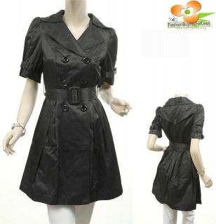 Black Faux Silk Belted Button Up Double Breasted Satin Jacket Trench 