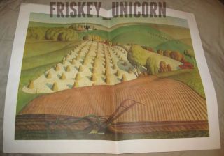Grant Wood Unstretched Lithograph on Canvas~Fall Plowing 1931