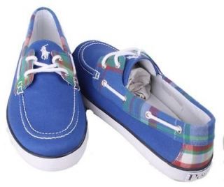 Polo Ralph Lauren Sander Youth Royal/Blue Plaid Slip On Boat Shoes 