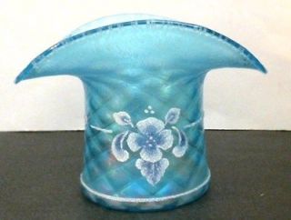 Fenton Top Hat Vase Celeste Blue Stretch Art Glass 1137JE Coralene 