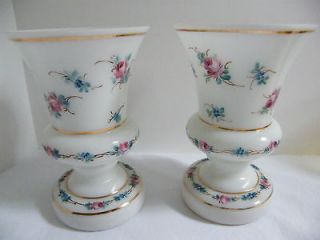 Pair Fenton? Westmoreland? Milk Glass 6 2/8 Vases w/ Pink & Blue 
