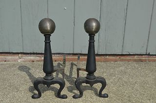   Black Andirons Vintage Firedogs Ball Fireplace Mantel Cast Iron