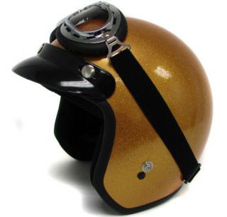 Metal flake Motorcycle Helmet Vintage Gold Open Face Racer +GOGGLES~S 