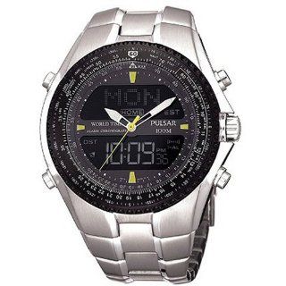 Pulsar Watch Chronograph Mens World Time Round Digital Dial Alarm 