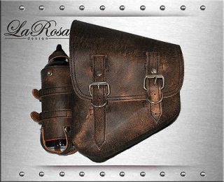   Rustic Brown Leather Left Swing Arm Saddle Bag with Extra Fuel Bottle