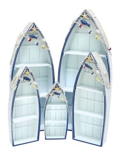Benzara Wooden Contemporary Boat in White and Blue for Storage 5 Piece 