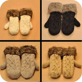 162PA Lady Ragwool Rag Wool Winter Snow Mittens Knitted Warm Fur 