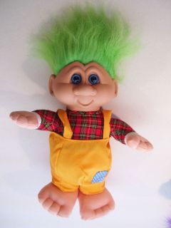 VINTAGE BOY TROLL PLUSH 12 DOLL GREEN HAIR, OVERALLS GANZ 1992