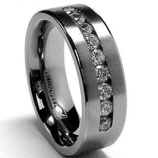 MM Mens Titanium ring wedding band with 9 large Channel Set CZ 