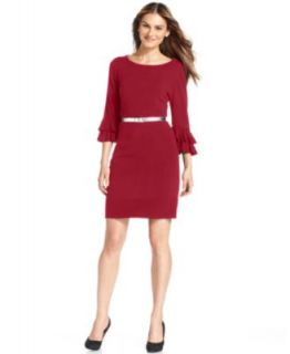 NY Collection Dress, Three Quarter Sleeve Ruffled Belted Sweater Dress