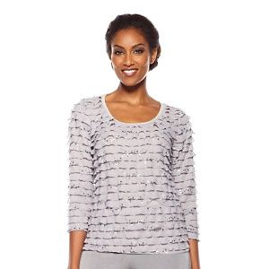 Slinky® Brand 3/4 Sleeve Ruffle Tee with Allover Sequins 