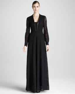 B1W9A Yigal Azrouel Leather Trimmed Long Sleeve Lace Gown